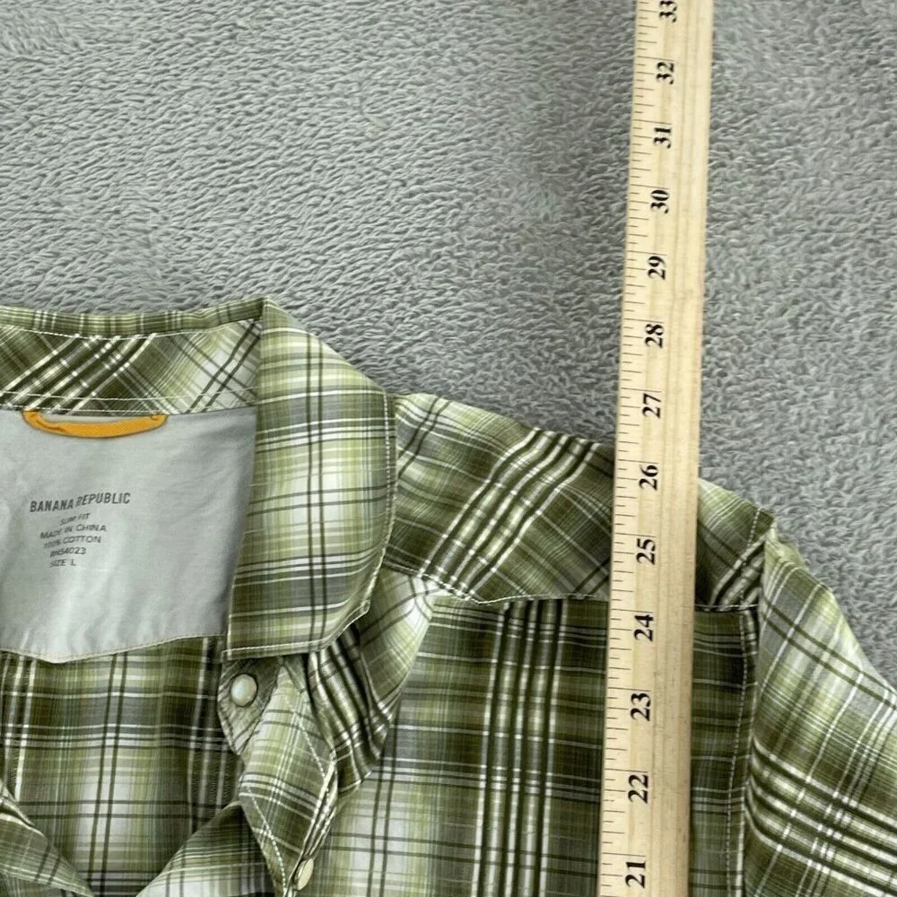 Banana Republic Mens Slim Fit Plaid Long Sleeve Shirt Size L Green Cotton 2251
